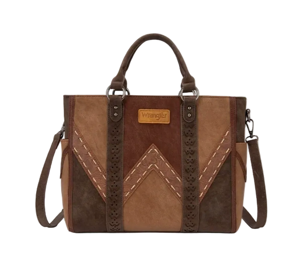 WG519-8300BR Wrangler Western Color-Block Chevron Stitch Satchel Tote Bag